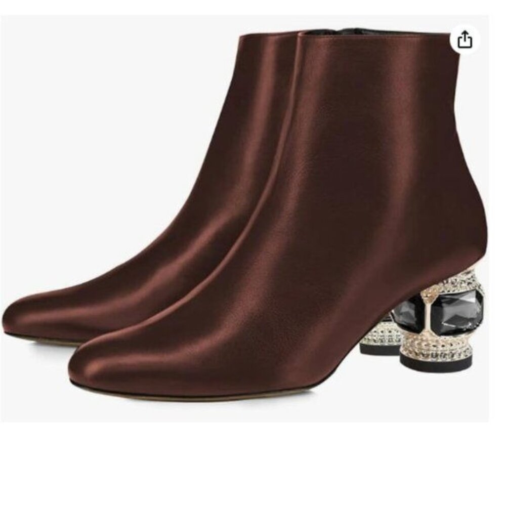 FSJ Brown Round Toe Crystal Chunky Block Low Heel Ankle Boot Side Zipper Shoes
